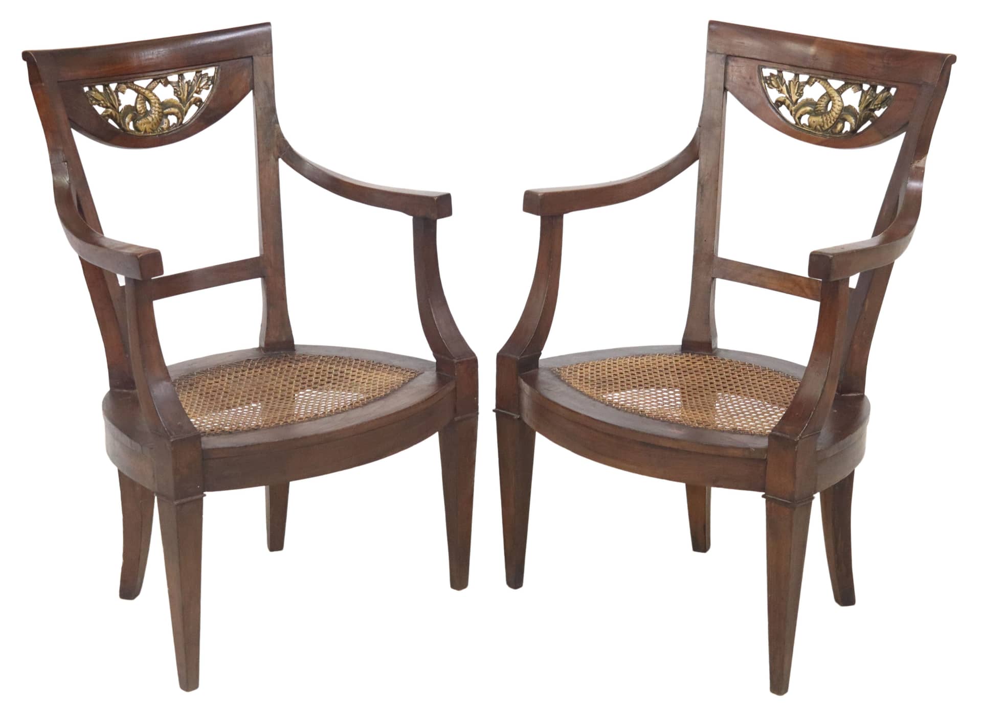 (2) ITALIAN NEOCLASSICAL STYLE PARCEL GILT & CANED SEAT ARMCHAIRS