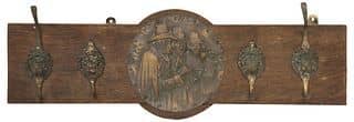 ENGLISH PATINATED BRASS & OAK WALL-MOUNTED HAT / COAT RACK