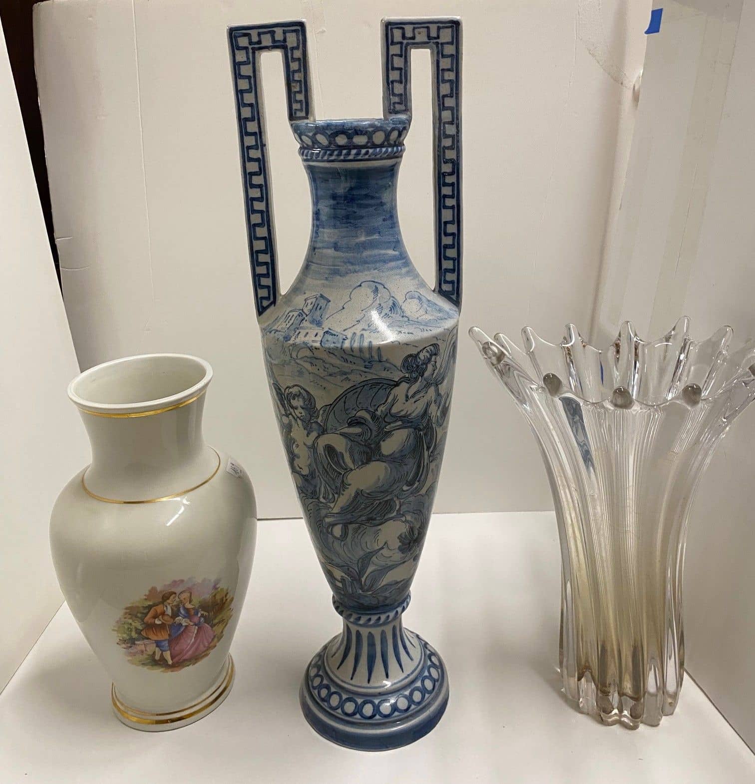 (3) MAJOLICA, PARCEL-GILT CERAMIC, & ART GLASS VASES