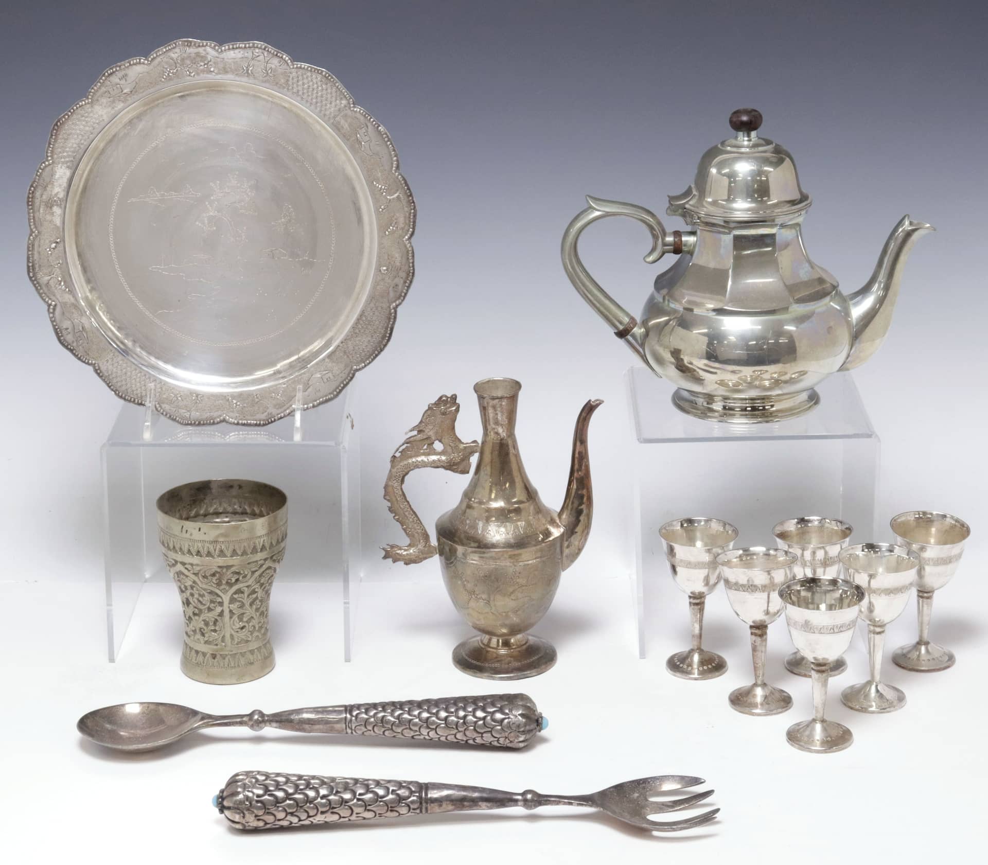 (12) ASIAN SILVER-TONE METAL TABLEWARE & SELANGOR PEWTER TEAPOT