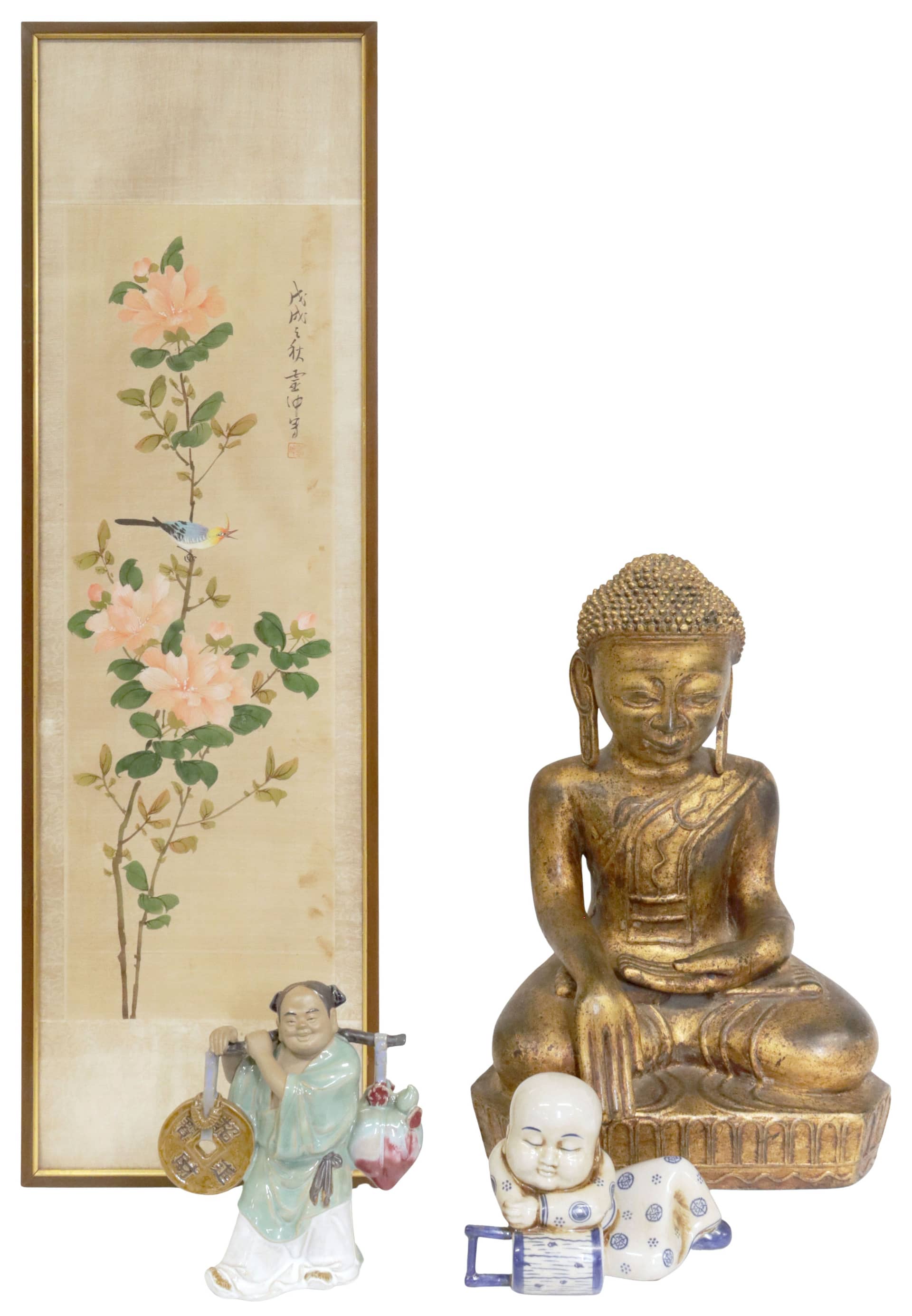 (4) ASIAN CERAMIC SEATED BUDDHA, FIGURES, & FRAMED CHINESE SILK PAINTING