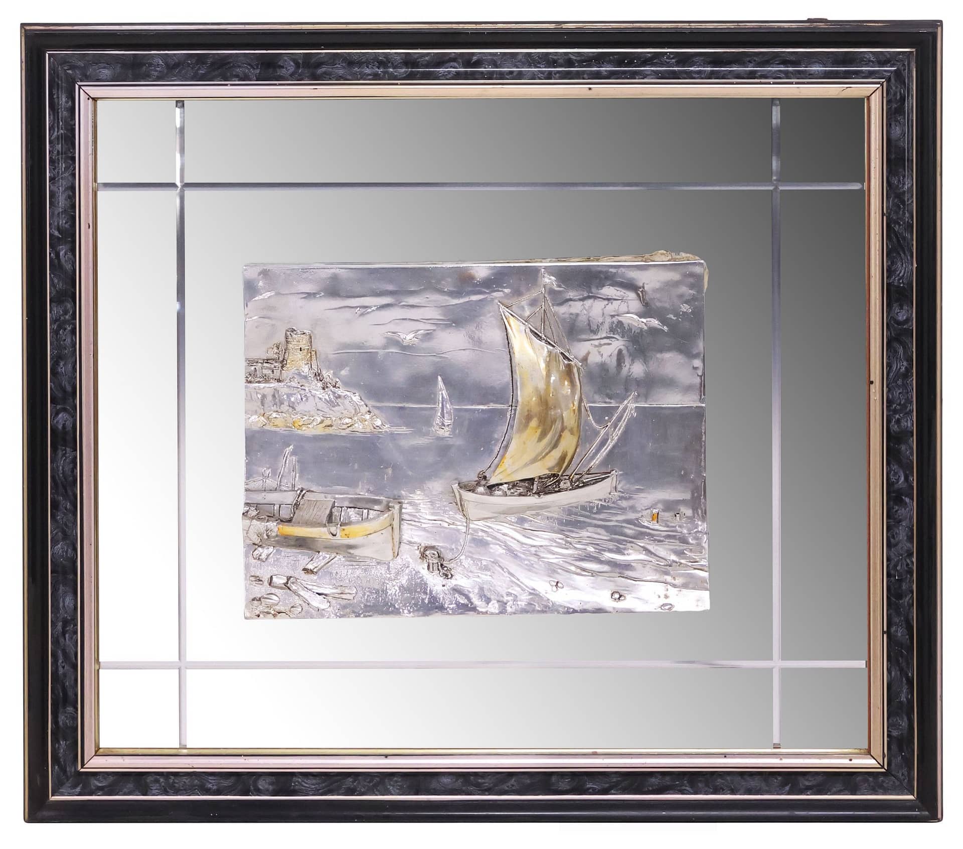 ITALIAN SILVER-CLAD BAS RELIEF PLAQUE IN MIRRORED FRAME, SAILBOAT SCENE