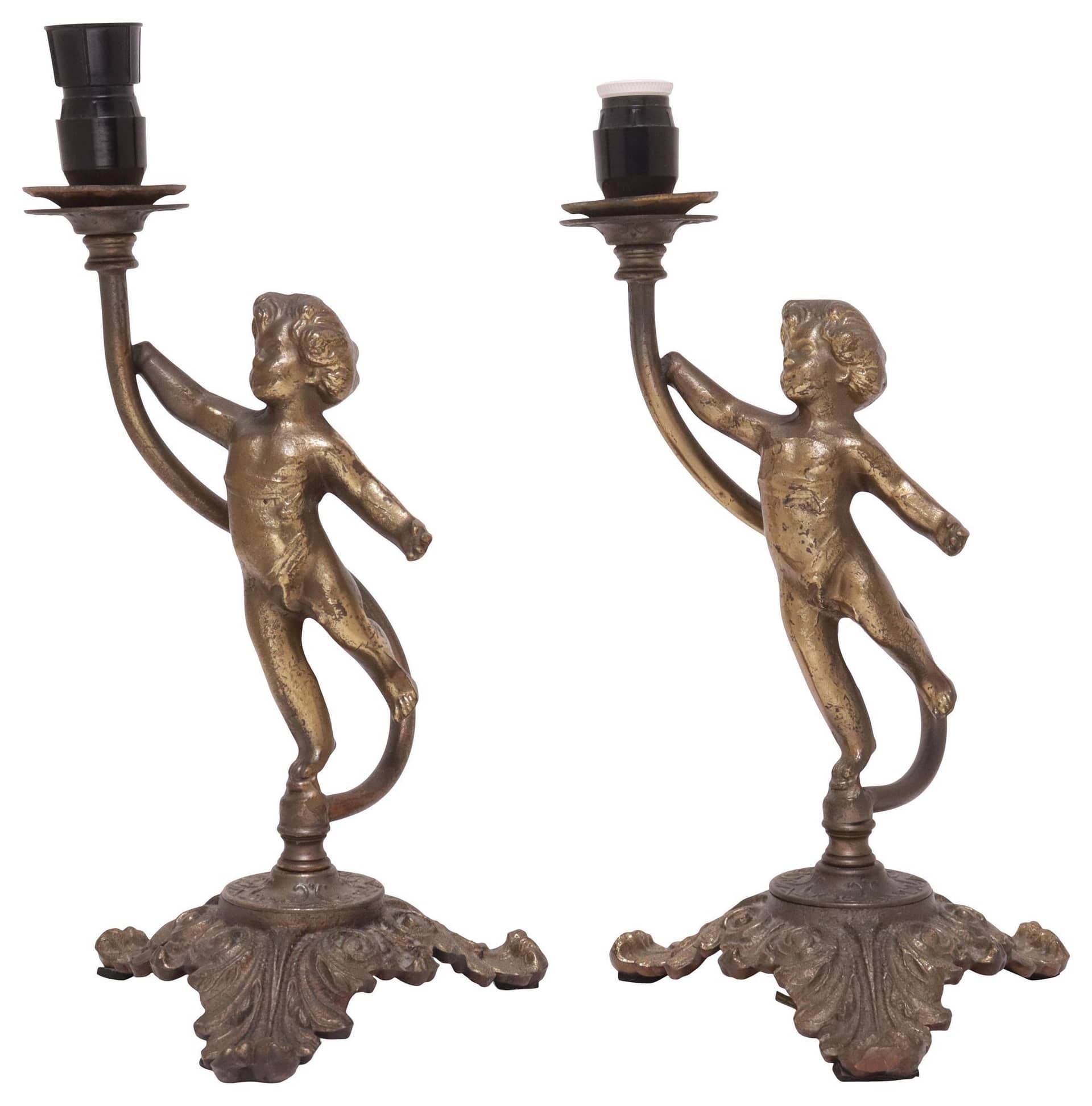 (2) ITALIAN PATINATED GILT-METAL FIGURAL CHERUB 1-LIGHT TABLE LAMPS