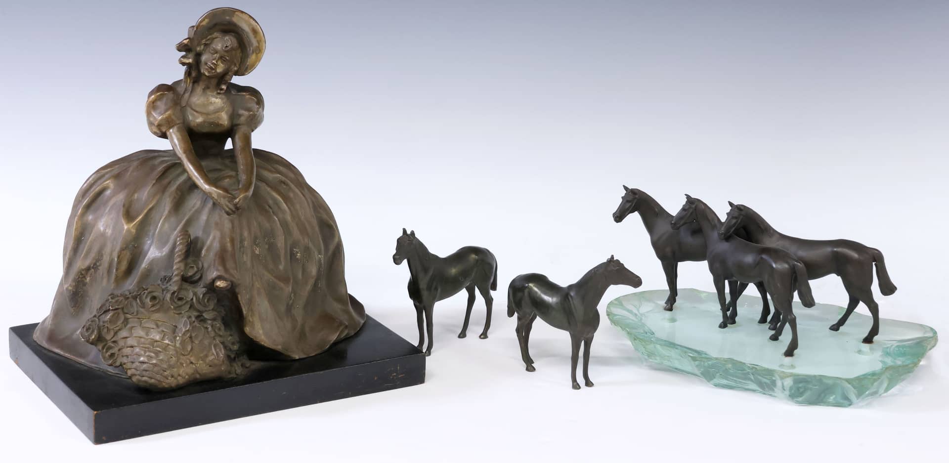 (4) METAL-CLAD FEMALE MAIDEN SCULPTURE & PATINATED SPELTER HORSES