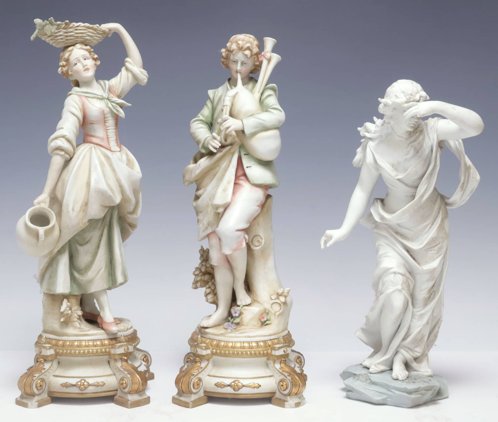 (3) CERAMIC FIGURES, MAN, WOMAN, & MAIDEN