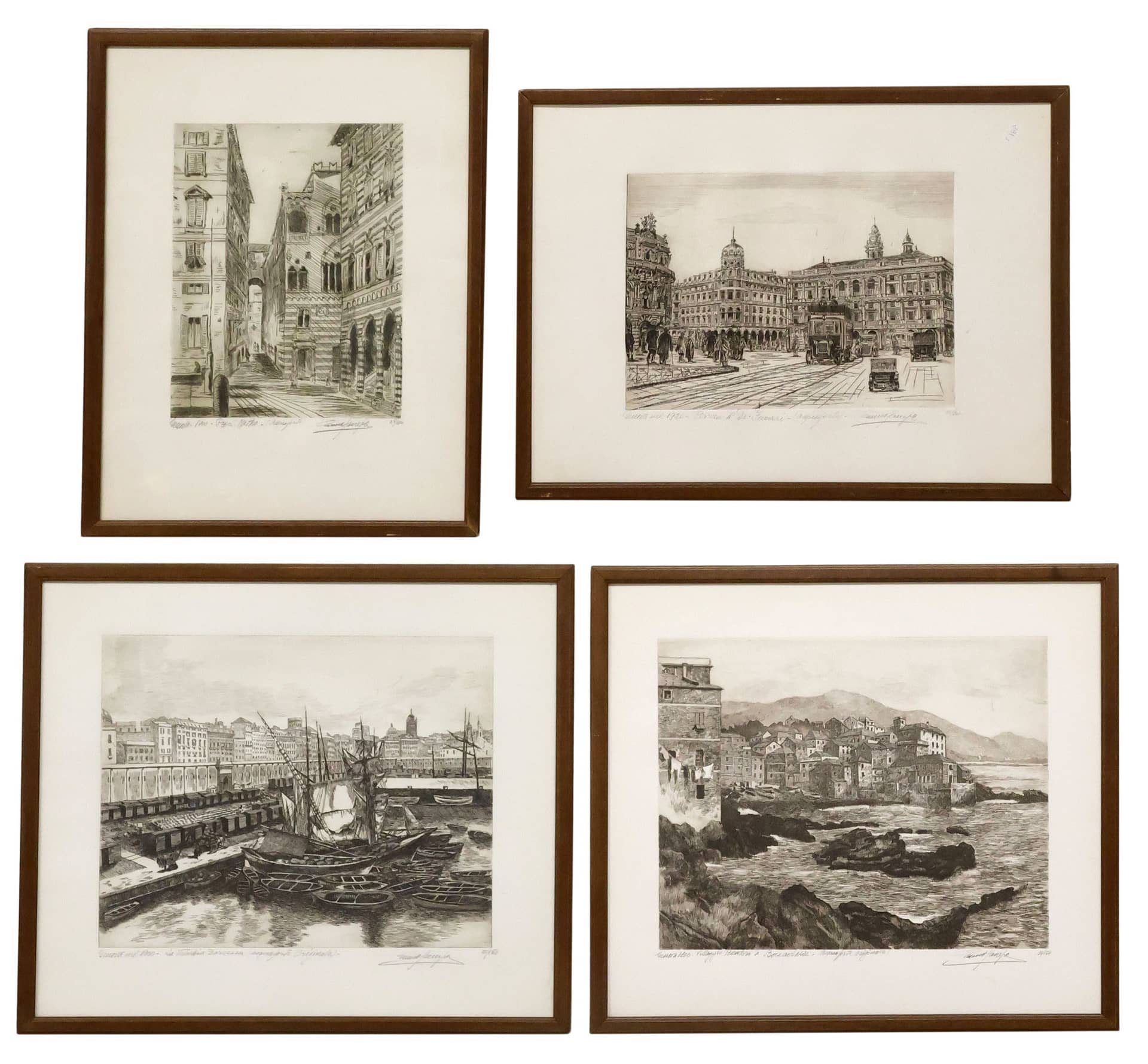 (4) SIGNED ITALIAN SCHOOL ETCHINGS, HISTORIC GENOVA CITYSCAPES