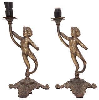 (2) ITALIAN PATINATED GILT-METAL FIGURAL CHERUB 1-LIGHT TABLE LAMPS