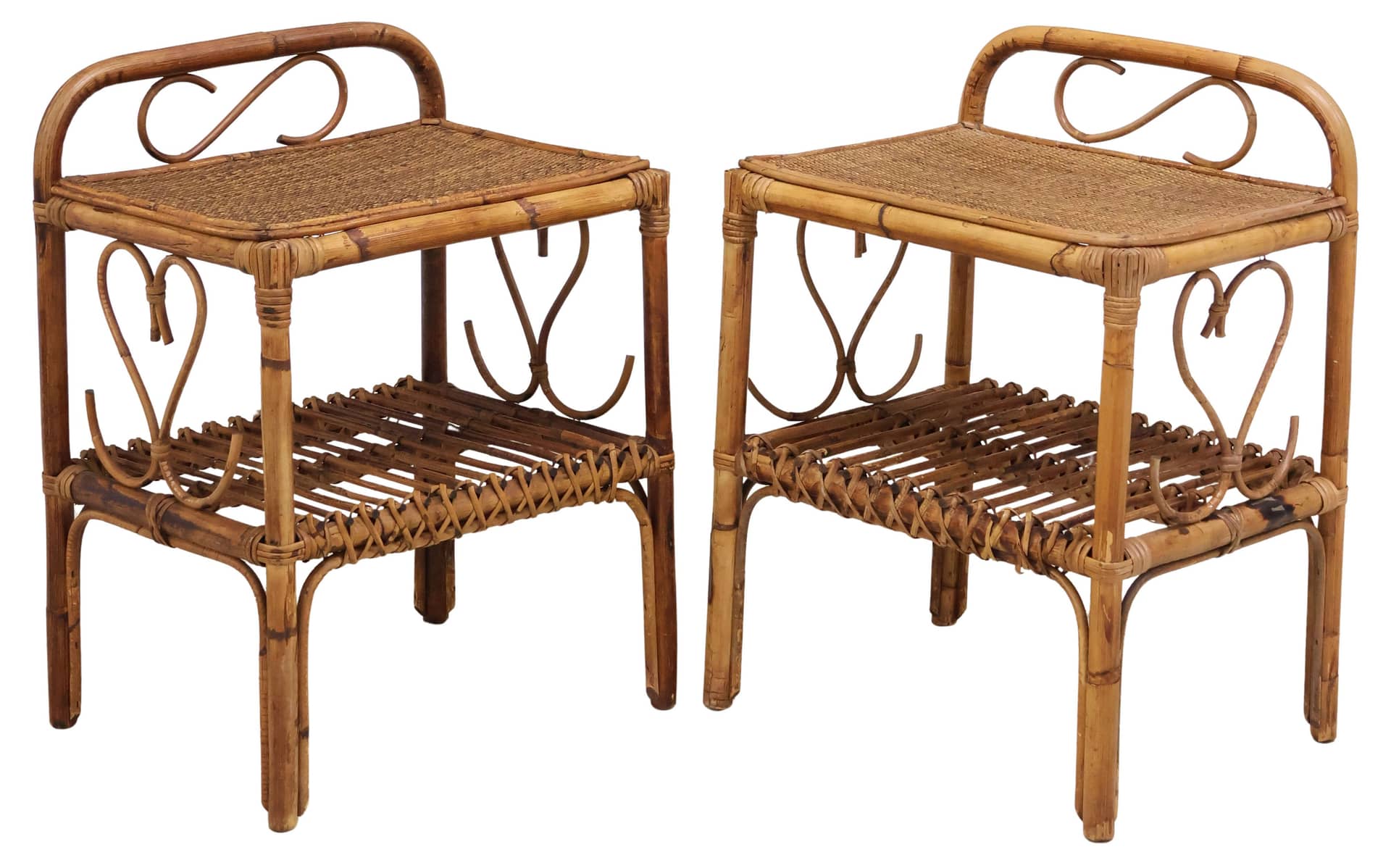 (2) VINTAGE ITALIAN BAMBOO & WOVEN RATTAN NIGHTSTANDS
