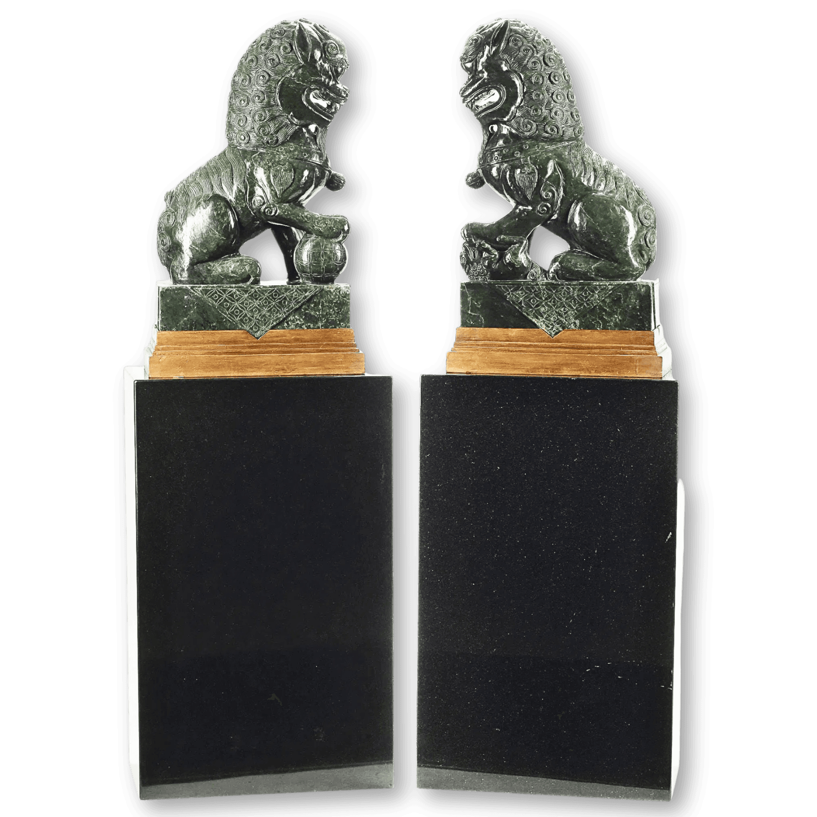 (2) CHINESE CARVED GREEN HARDSTONE FOO LIONS ON MARBLE PEDESTALS