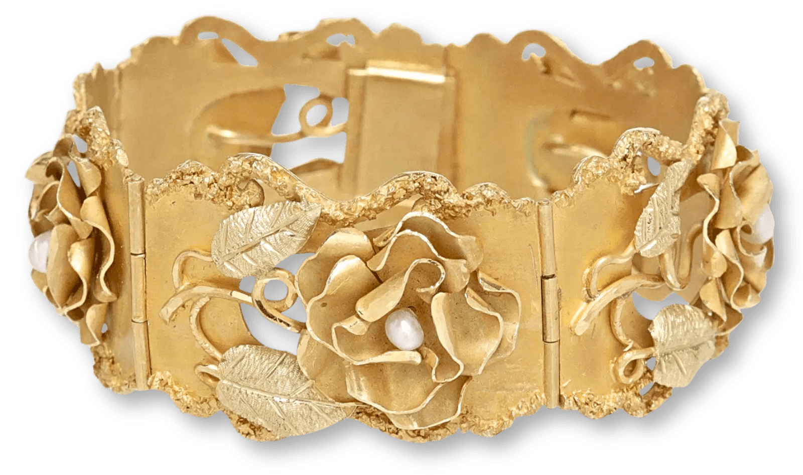 ESTATE 18KT YELLOW GOLD & PEARL FLORIFORM BRACELET, 50 GRAMS (INCLUSIVE OF PEARLS)