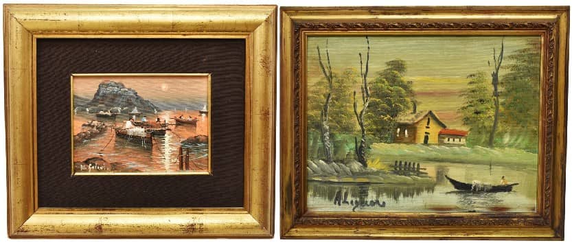 (2) FRAMED PAINTINGS LANDSCAPES W/ BOATS, SIGNED