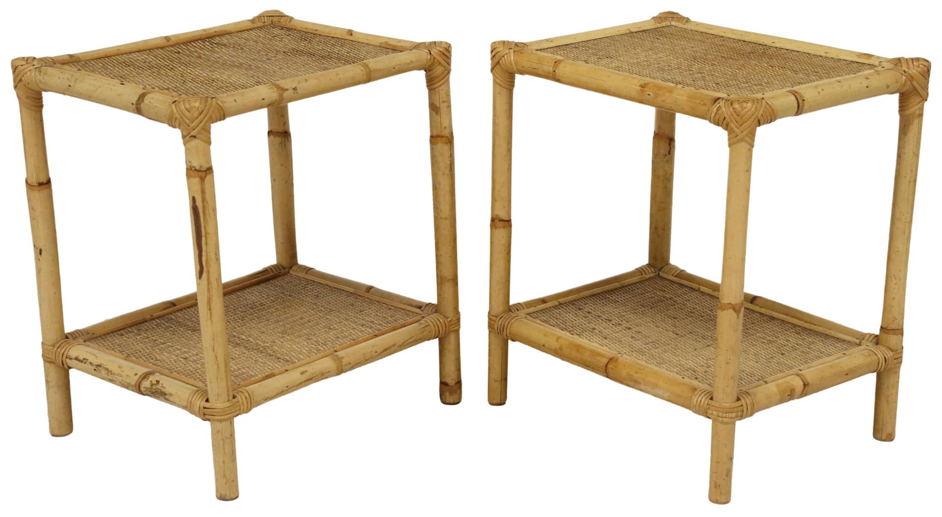 (2) VINTAGE BAMBOO & RATTAN OPEN-SHELF NIGHTSTANDS
