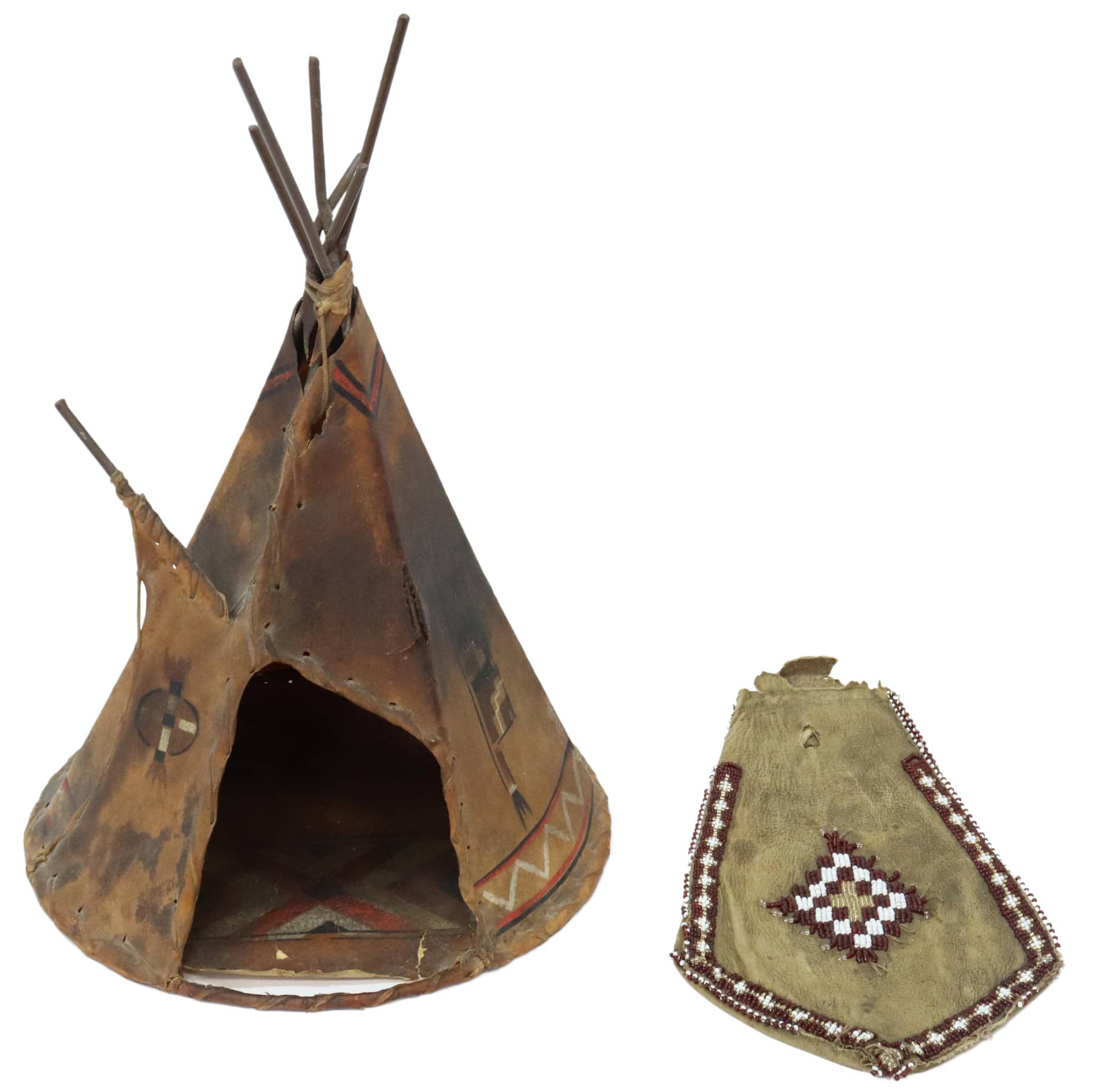 (2) NATIVE AMERICAN STYLE HIDE TEEPEE & BEADED POUCH