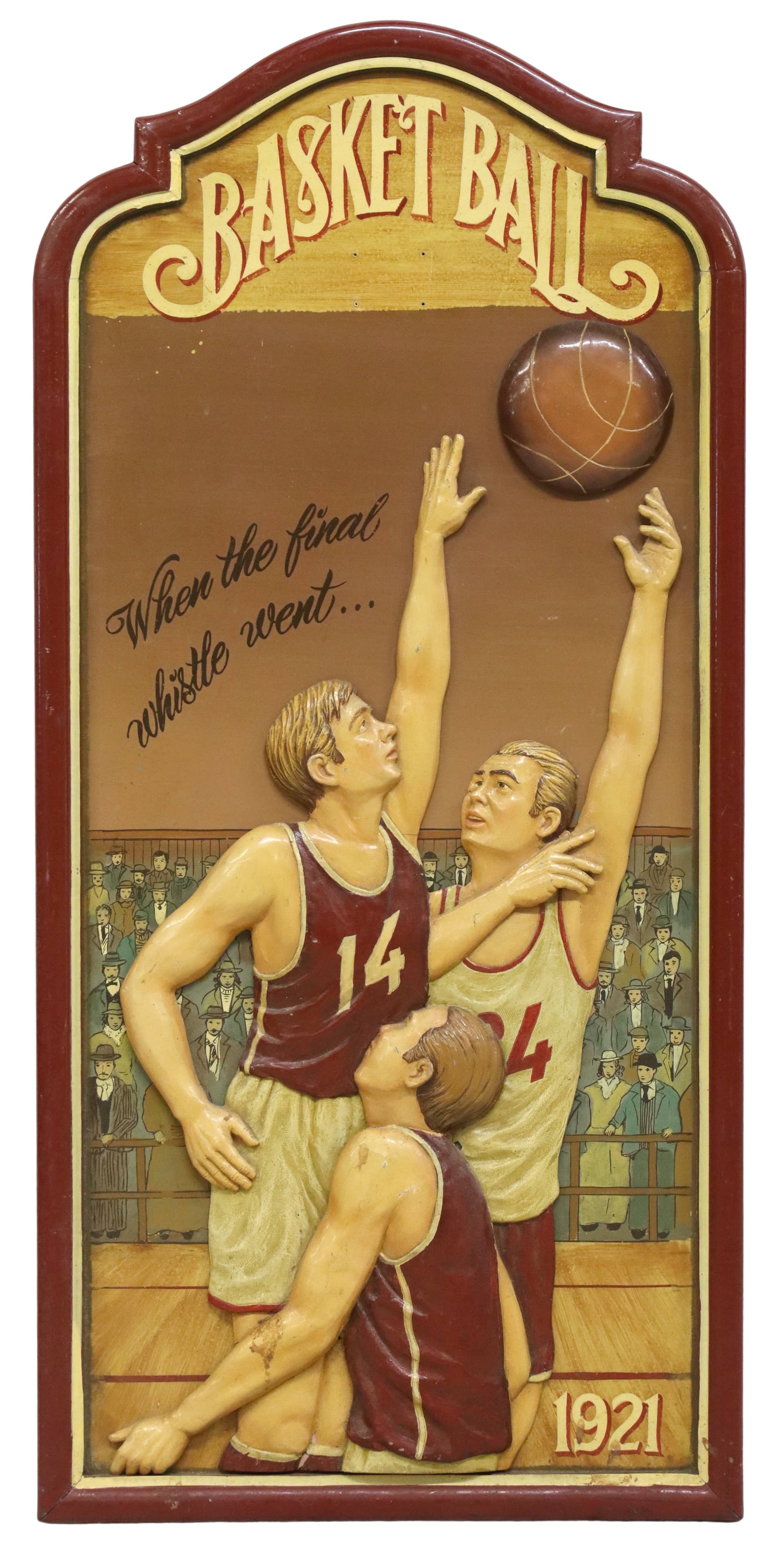 POLYCHROME PAINTED SPORTS RELIEF PANEL, BASKETBALL PLAYERS