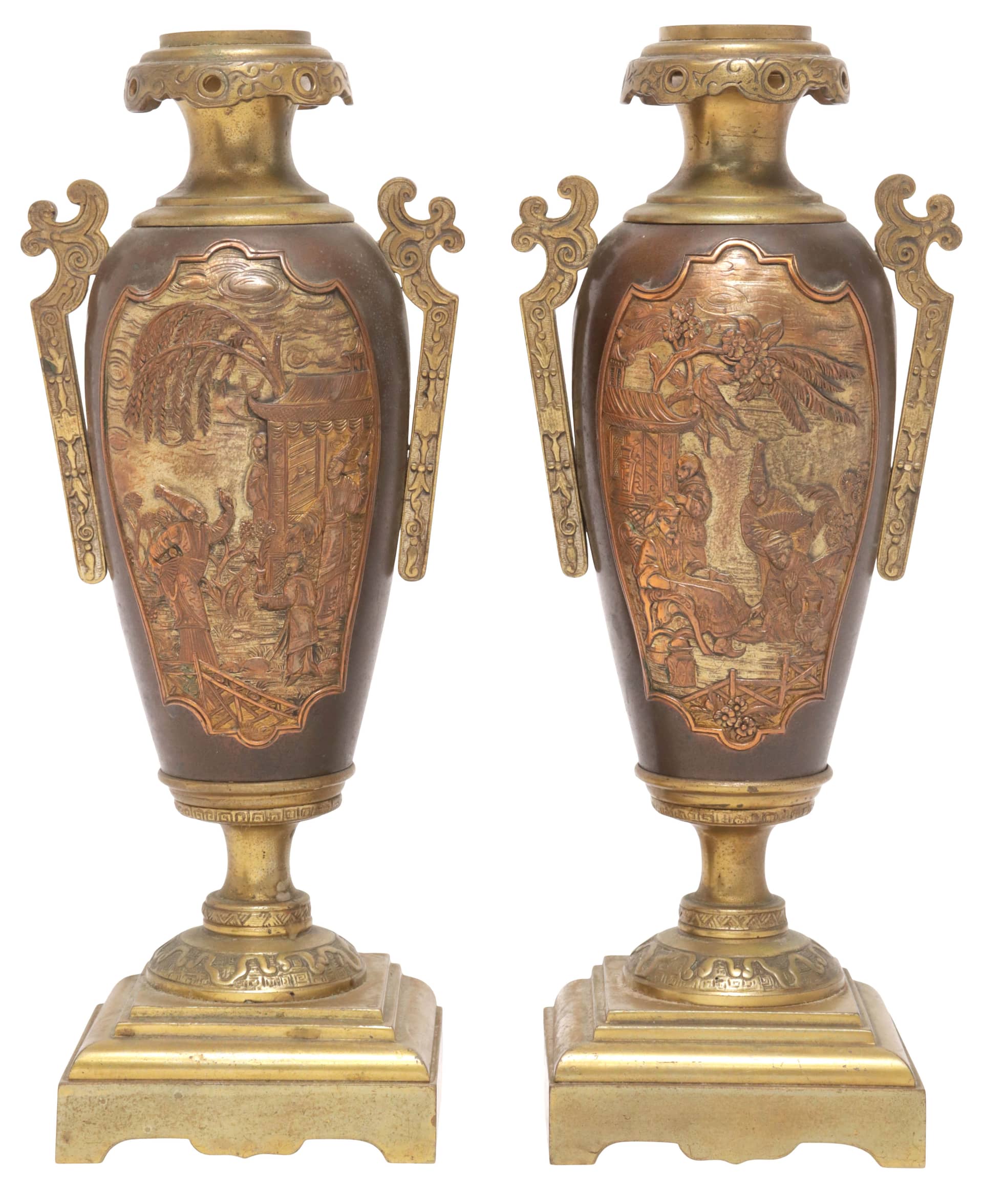 (2) CONTINENTAL MIXED-METAL CENSERS / GARNITURES, ASIAN FIGURAL SCENES