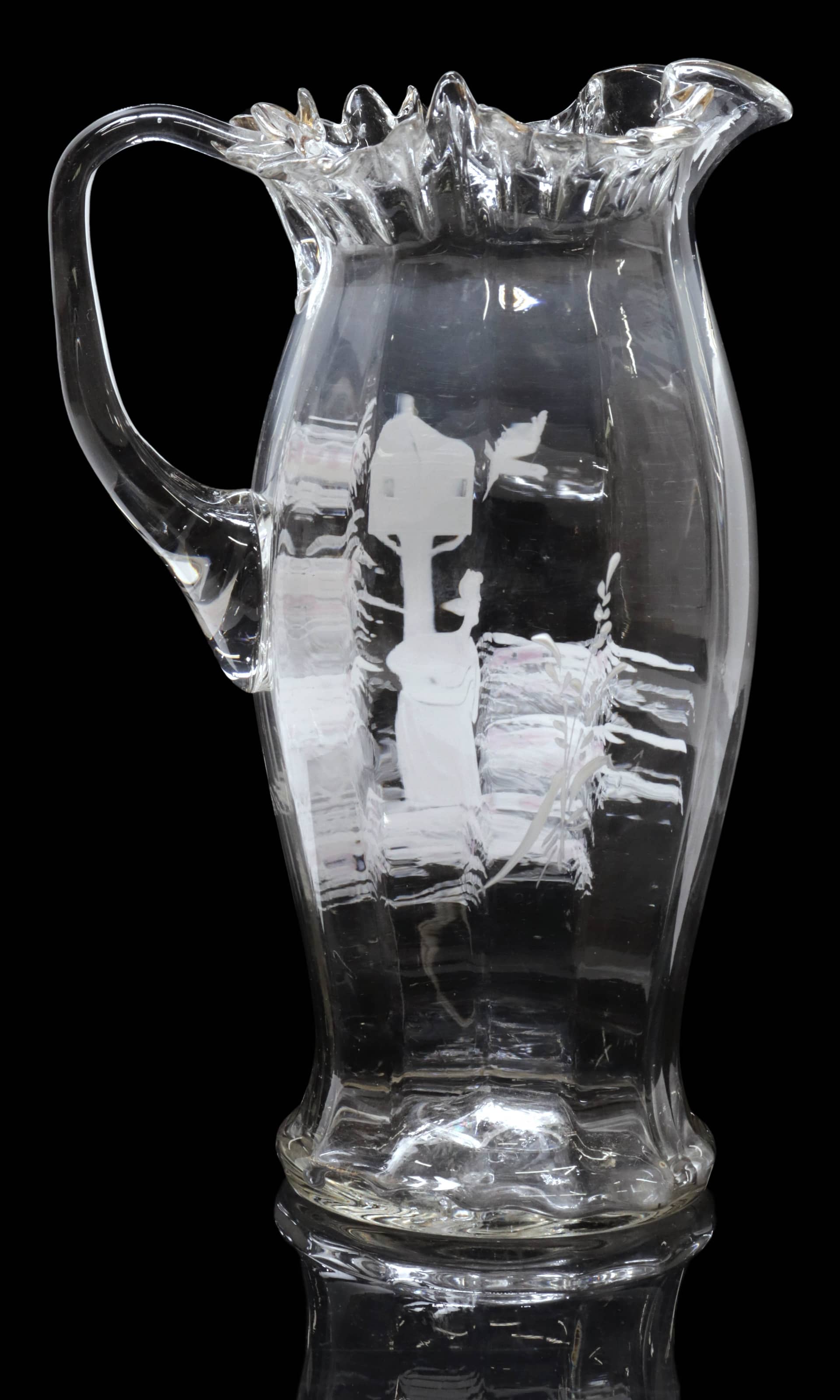 MARY GREGORY STYLE ENAMELED BLOWN ART GLASS PITCHER