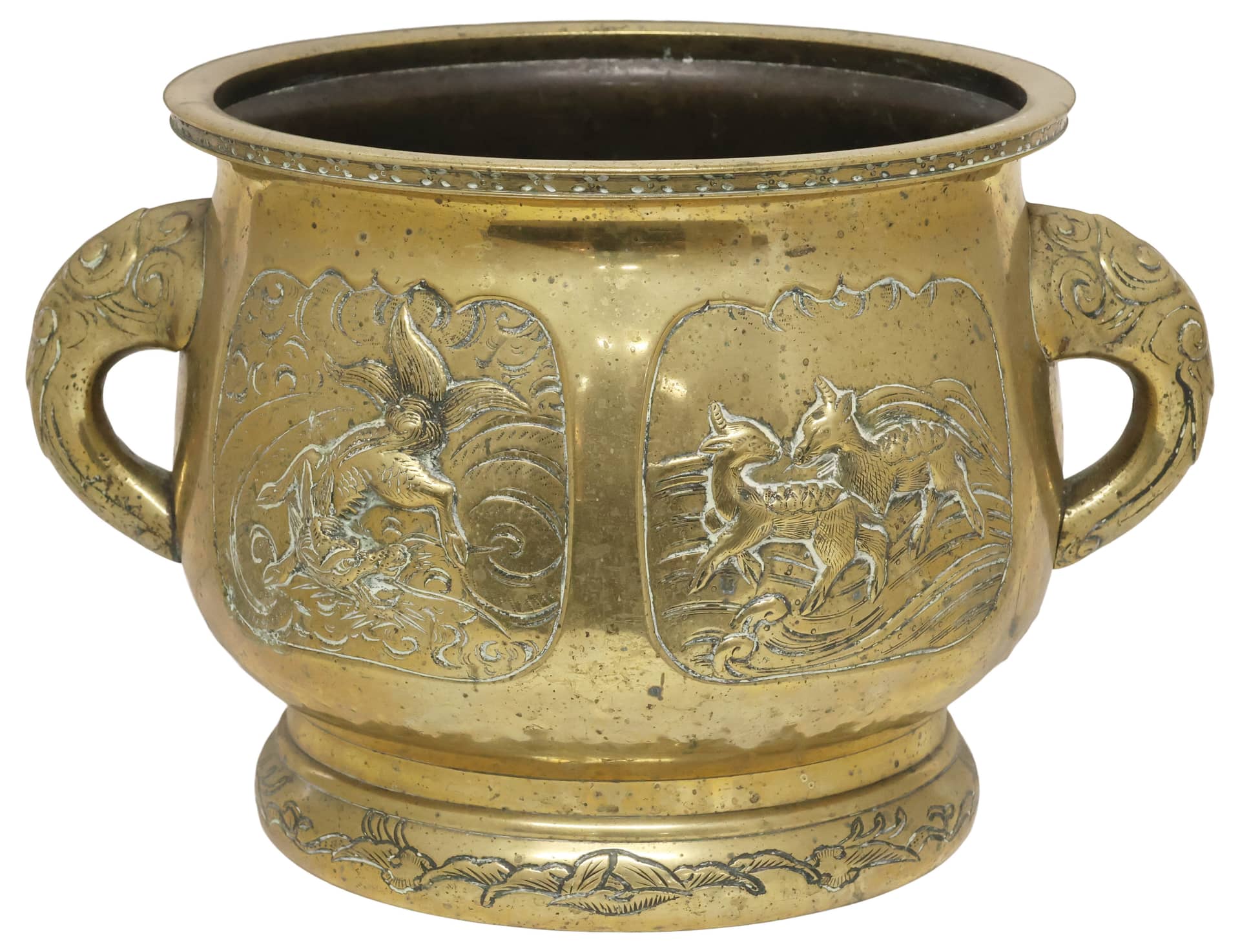 CHINESE BRASS REPOUSSE HANDLED JARDINIERE / PLANTER