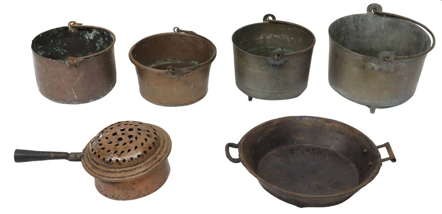 (6) RUSTIC 19TH C. COPPER & IRON KITCHENWARE, POTS & PANS