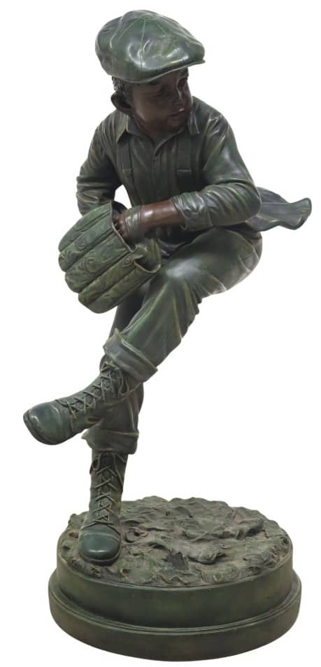 SIGNED PATINATED CAST COMPOSITE CHILD BASEBALL SCULPTURE